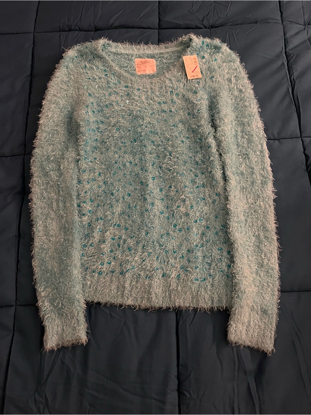 Justice Light Aqua Fuzzy Crewneck Sweater Girls Size 20 New with Tags
